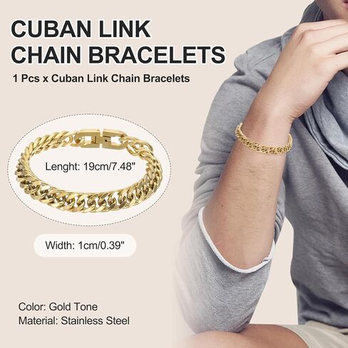 PATIKIL 10mm Width Cuban Link Chain Bracelets, 7.5 Inch Length Stainless Steel Curb Wrist Chain Bracelet for Men Women Valentine's Day Father's Day Gifts, Gold Tone in Kuwait