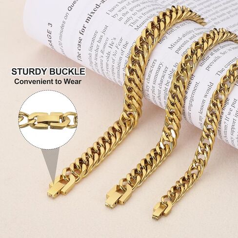 PATIKIL 10mm Width Cuban Link Chain Bracelets, 7.5 Inch Length Stainless Steel Curb Wrist Chain Bracelet for Men Women Valentine's Day Father's Day Gifts, Gold Tone in Kuwait