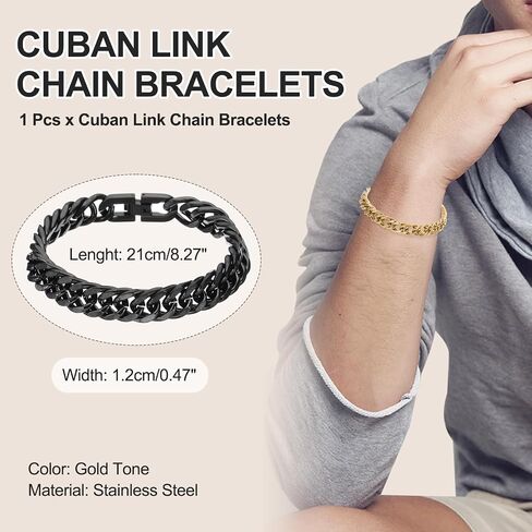 PATIKIL 10mm Width Cuban Link Chain Bracelets, 7.5 Inch Length Stainless Steel Curb Wrist Chain Bracelet for Men Women Valentine's Day Father's Day Gifts, Gold Tone in Saudi Arabia