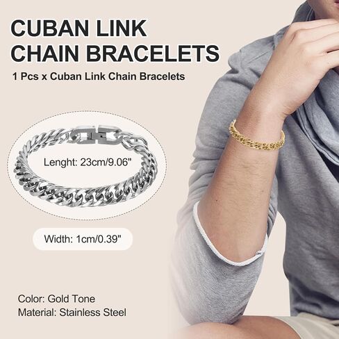 PATIKIL 10mm Width Cuban Link Chain Bracelets, 7.5 Inch Length Stainless Steel Curb Wrist Chain Bracelet for Men Women Valentine's Day Father's Day Gifts, Gold Tone in Kuwait