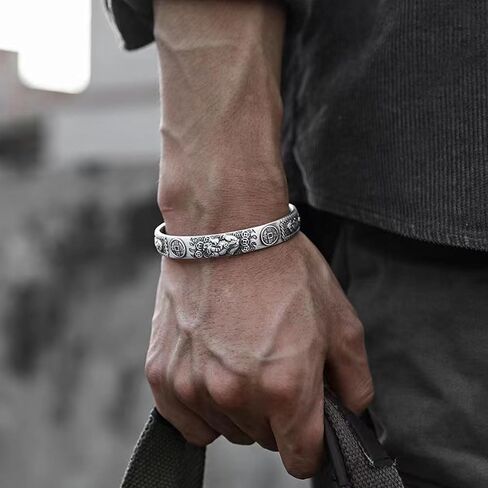 PI XIU HEART SUTRA FENG SHUI BRACELET ، TIBETAN BODDHIST MANTRA WEALL LACK LUCKET Lucky Amulet Bangle ، Vintage 999 Sterling Silver Dilect (A) in Saudi Arabia