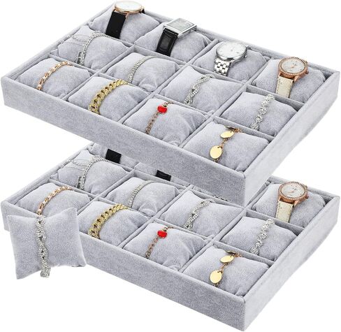 2 Pcs Velvet Watch Tray Jewelry Organizer, 12 Grid Stackable Velvet Watch Tray, Watch Display Trays Watch Bracelet Bangle Display Holder Adjustable Pillow (Gray) in Saudi Arabia