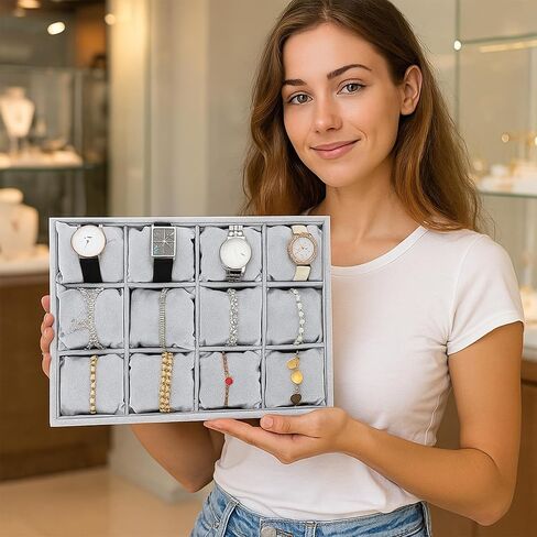 2 Pcs Velvet Watch Tray Jewelry Organizer, 12 Grid Stackable Velvet Watch Tray, Watch Display Trays Watch Bracelet Bangle Display Holder Adjustable Pillow (Gray) in Saudi Arabia