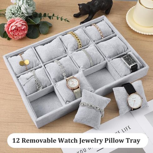 2 Pcs Velvet Watch Tray Jewelry Organizer, 12 Grid Stackable Velvet Watch Tray, Watch Display Trays Watch Bracelet Bangle Display Holder Adjustable Pillow (Gray) in Saudi Arabia