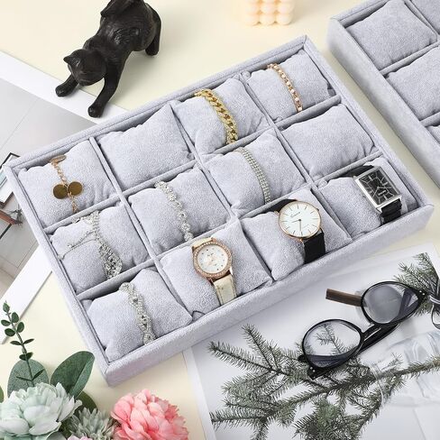 2 Pcs Velvet Watch Tray Jewelry Organizer, 12 Grid Stackable Velvet Watch Tray, Watch Display Trays Watch Bracelet Bangle Display Holder Adjustable Pillow (Gray) in Saudi Arabia