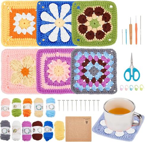 ORIGACH 12 Set Crochet Daisy Flower Granny Square Crochet kit for Beginners Adult, 6 in 1 Handmade Crochet Coasters kit Complete Knitting Kit with Step-by-Step Video Tutorials Yarns Crochet Hook in Saudi Arabia