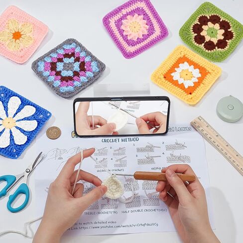 ORIGACH 12 Set Crochet Daisy Flower Granny Square Crochet kit for Beginners Adult, 6 in 1 Handmade Crochet Coasters kit Complete Knitting Kit with Step-by-Step Video Tutorials Yarns Crochet Hook in Saudi Arabia
