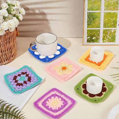 ORIGACH 12 Set Crochet Daisy Flower Granny Square Crochet kit for Beginners Adult, 6 in 1 Handmade Crochet Coasters kit Complete Knitting Kit with Step-by-Step Video Tutorials Yarns Crochet Hook in Saudi Arabia