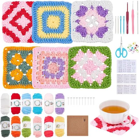 ORIGACH 12 Set Crochet Daisy Flower Granny Square Crochet kit for Beginners Adult, 6 in 1 Handmade Crochet Coasters kit Complete Knitting Kit with Step-by-Step Video Tutorials Yarns Crochet Hook in Saudi Arabia