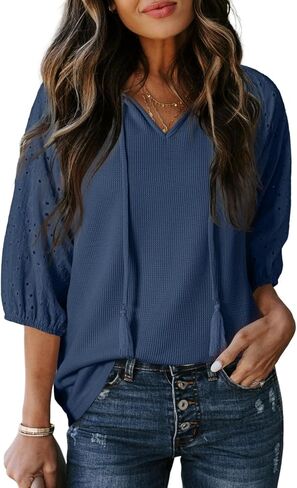 Dokotoo Women Blouses Dary Casual V الرقبة 3/4 طول الأكمام من قمم النساء السقوط 2025 in Kuwait