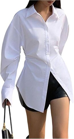 Wdirara Women's Button أسفل بلوزة طويلة الأكمام قميص قميص قميص عرضية العمل TUNIC TOP in Kuwait