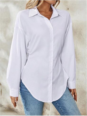 Wdirara Women's Button أسفل بلوزة طويلة الأكمام قميص قميص قميص عرضية العمل TUNIC TOP in Kuwait