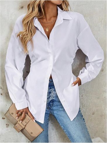 Wdirara Women's Button أسفل بلوزة طويلة الأكمام قميص قميص قميص عرضية العمل TUNIC TOP in Kuwait