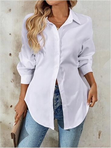 Wdirara Women's Button أسفل بلوزة طويلة الأكمام قميص قميص قميص عرضية العمل TUNIC TOP in Kuwait
