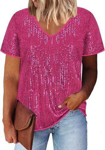 زائد قمم الترتر للنساء القمصان الحفلات الأكمام القصيرة وميض الصيف زفاف V الرقبة بلوزة كبيرة الحجم XL-4XL in Kuwait