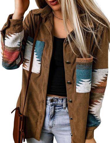 Perbai Womens Corduroy Flannel Shirt زر طويل الأكمام لأسفل سترة الأزتيك فضفاضة كوخ مع جيوب in Kuwait