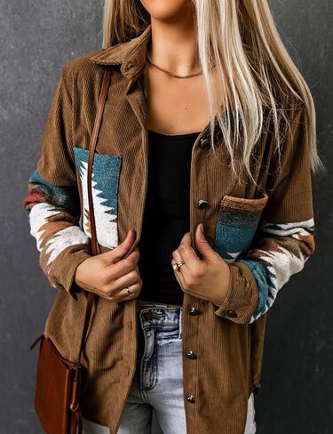 Perbai Womens Corduroy Flannel Shirt زر طويل الأكمام لأسفل سترة الأزتيك فضفاضة كوخ مع جيوب in Kuwait