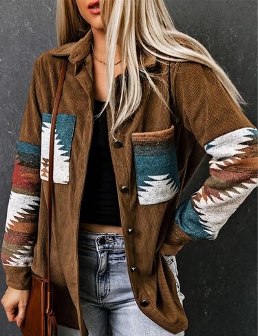 Perbai Womens Corduroy Flannel Shirt زر طويل الأكمام لأسفل سترة الأزتيك فضفاضة كوخ مع جيوب in Kuwait