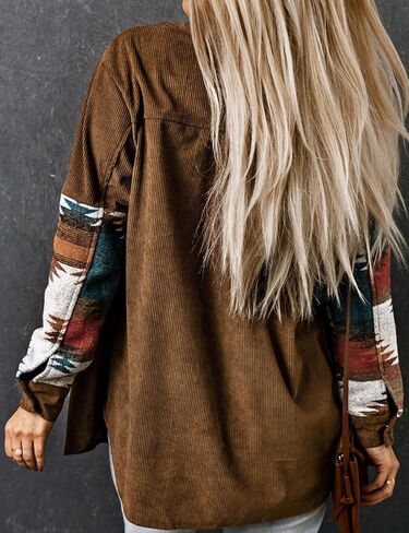 Perbai Womens Corduroy Flannel Shirt زر طويل الأكمام لأسفل سترة الأزتيك فضفاضة كوخ مع جيوب in Kuwait
