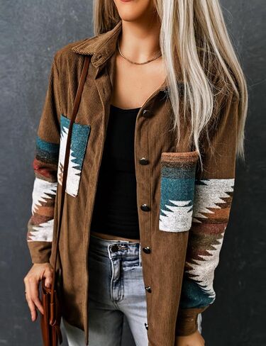 Perbai Womens Corduroy Flannel Shirt زر طويل الأكمام لأسفل سترة الأزتيك فضفاضة كوخ مع جيوب in Kuwait