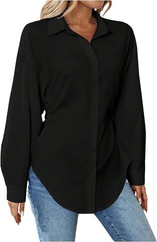 Wdirara Women's Button أسفل بلوزة طويلة الأكمام قميص قميص قميص عرضية العمل TUNIC TOP in Kuwait