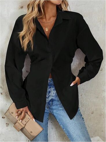 Wdirara Women's Button أسفل بلوزة طويلة الأكمام قميص قميص قميص عرضية العمل TUNIC TOP in Kuwait