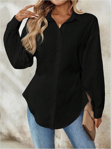 Wdirara Women's Button أسفل بلوزة طويلة الأكمام قميص قميص قميص عرضية العمل TUNIC TOP in Kuwait