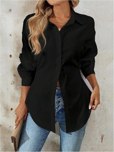 Wdirara Women's Button أسفل بلوزة طويلة الأكمام قميص قميص قميص عرضية العمل TUNIC TOP in Kuwait
