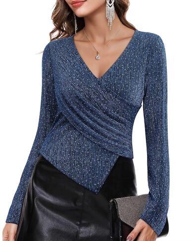 VALOLIA Womens Sparkly Tops Rhinestone Shiny Long Sleeve Ruched Asymmetrical Sparkle Blouses Cocktail Party Evening Shirts in Kuwait