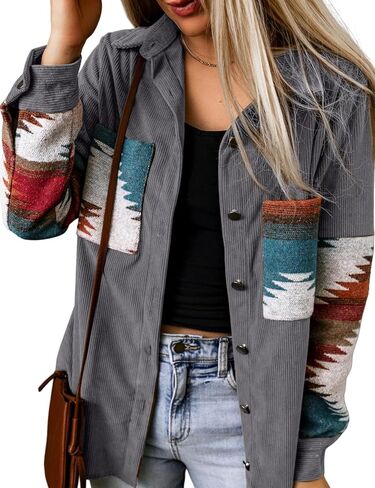 Perbai Womens Corduroy Flannel Shirt زر طويل الأكمام لأسفل سترة الأزتيك فضفاضة كوخ مع جيوب in Kuwait