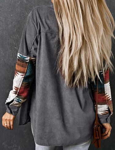 Perbai Womens Corduroy Flannel Shirt زر طويل الأكمام لأسفل سترة الأزتيك فضفاضة كوخ مع جيوب in Kuwait