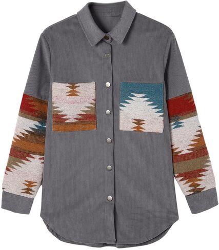 Perbai Womens Corduroy Flannel Shirt زر طويل الأكمام لأسفل سترة الأزتيك فضفاضة كوخ مع جيوب in Kuwait