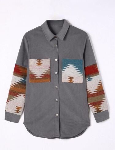 Perbai Womens Corduroy Flannel Shirt زر طويل الأكمام لأسفل سترة الأزتيك فضفاضة كوخ مع جيوب in Kuwait