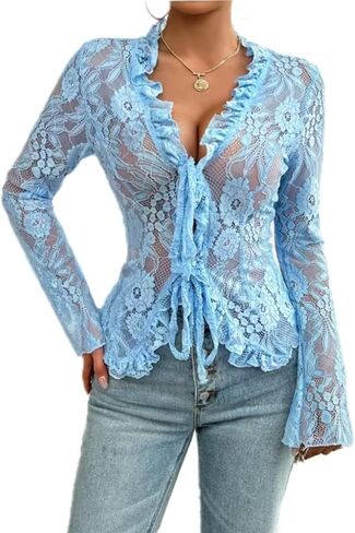 Women's V Neck Lace Sheer Top Sexy Mesh See عبر القمصان المفتوحة التعادل الأمامي ببلوزات طويلة الأكمام Y2K الخروج من قمم in Kuwait