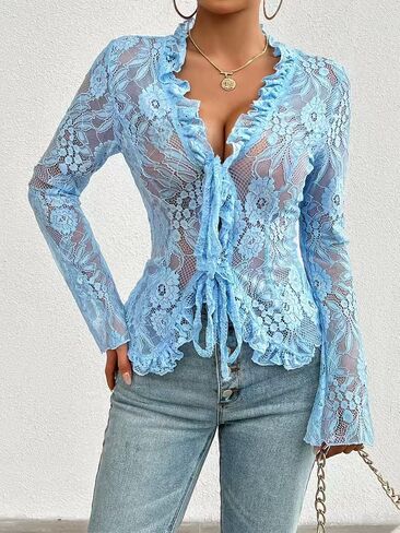 Women's V Neck Lace Sheer Top Sexy Mesh See عبر القمصان المفتوحة التعادل الأمامي ببلوزات طويلة الأكمام Y2K الخروج من قمم in Kuwait