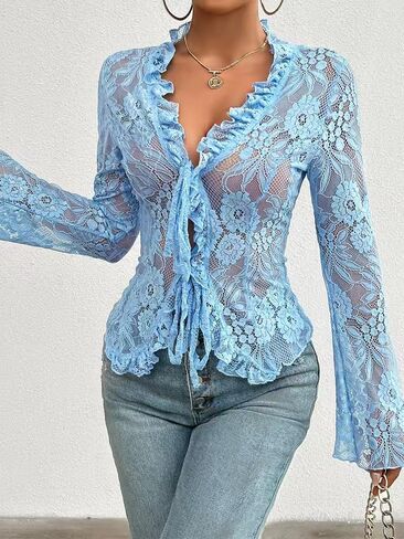 Women's V Neck Lace Sheer Top Sexy Mesh See عبر القمصان المفتوحة التعادل الأمامي ببلوزات طويلة الأكمام Y2K الخروج من قمم in Kuwait