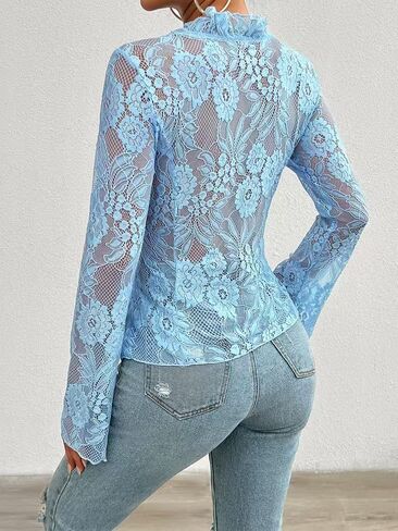 Women's V Neck Lace Sheer Top Sexy Mesh See عبر القمصان المفتوحة التعادل الأمامي ببلوزات طويلة الأكمام Y2K الخروج من قمم in Kuwait