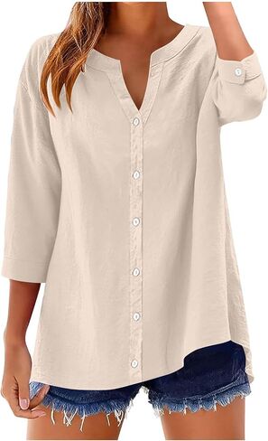 Button Down Shirts for Women 3/4 Sleeve Cotton Linen Roll up Short Sleeve Tops Casual Loose Fit V Neck Blouses in Saudi Arabia