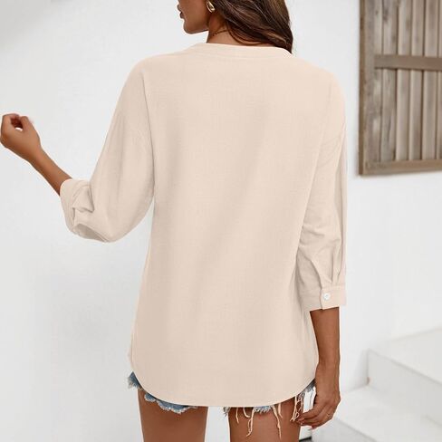 Button Down Shirts for Women 3/4 Sleeve Cotton Linen Roll up Short Sleeve Tops Casual Loose Fit V Neck Blouses in Saudi Arabia