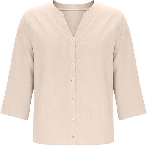 Button Down Shirts for Women 3/4 Sleeve Cotton Linen Roll up Short Sleeve Tops Casual Loose Fit V Neck Blouses in Saudi Arabia