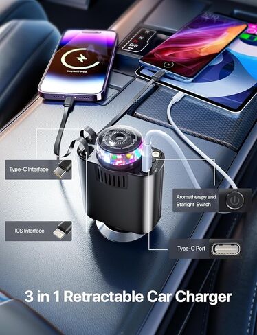 Retractable Car Charger, 4 in 1 Retractable Cables and 2 USB Ports Car Charger Adapter for iPhone 16/15/14/13/12 in Kuwait