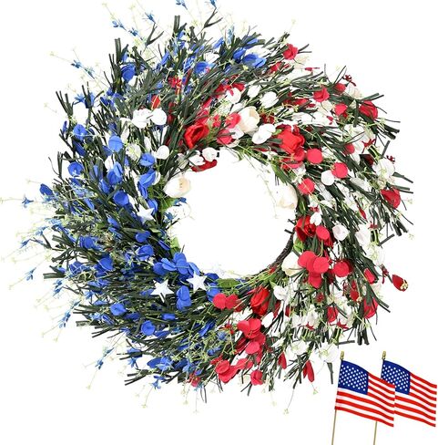 إكليل من الزهور البيضاء والأزرق 20 بوصة 4 يوليو أكاليل للباب الأمامي مع 12 فروع زهرة مشفرة ، يوم الاستقلال ، يوم تذكاري ، إكليل وطني للمنزل والشرفة in Kuwait