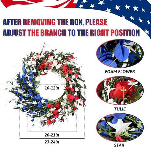 إكليل من الزهور البيضاء والأزرق 20 بوصة 4 يوليو أكاليل للباب الأمامي مع 12 فروع زهرة مشفرة ، يوم الاستقلال ، يوم تذكاري ، إكليل وطني للمنزل والشرفة in Kuwait