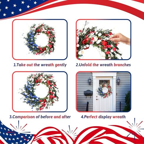 إكليل من الزهور البيضاء والأزرق 20 بوصة 4 يوليو أكاليل للباب الأمامي مع 12 فروع زهرة مشفرة ، يوم الاستقلال ، يوم تذكاري ، إكليل وطني للمنزل والشرفة in Kuwait