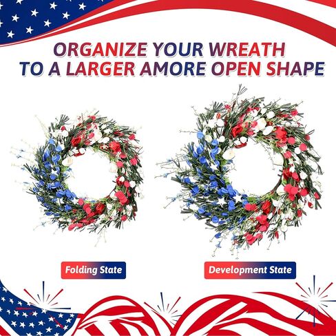 إكليل من الزهور البيضاء والأزرق 20 بوصة 4 يوليو أكاليل للباب الأمامي مع 12 فروع زهرة مشفرة ، يوم الاستقلال ، يوم تذكاري ، إكليل وطني للمنزل والشرفة in Kuwait