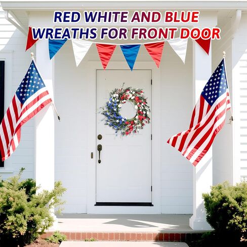 إكليل من الزهور البيضاء والأزرق 20 بوصة 4 يوليو أكاليل للباب الأمامي مع 12 فروع زهرة مشفرة ، يوم الاستقلال ، يوم تذكاري ، إكليل وطني للمنزل والشرفة in Kuwait