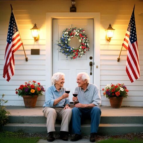 إكليل من الزهور البيضاء والأزرق 20 بوصة 4 يوليو أكاليل للباب الأمامي مع 12 فروع زهرة مشفرة ، يوم الاستقلال ، يوم تذكاري ، إكليل وطني للمنزل والشرفة in Kuwait