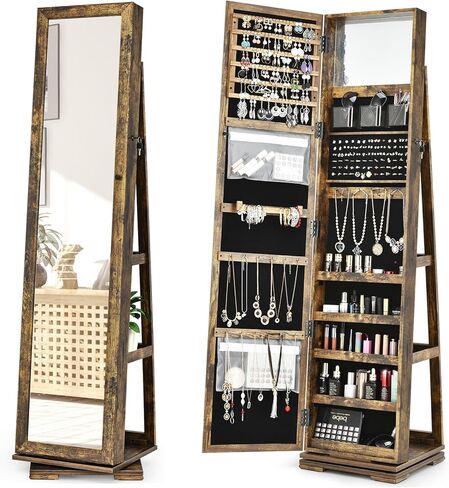 Loko 360 ° Armoire الدوارة ، خزانة مجوهرات قائما بذاتها مع مرآة مكياج داخلية ، منظم مجوهرات قابلة للقفل 2 في 1 مع مرآة كاملة الطول للنساء (رمادي) in Kuwait
