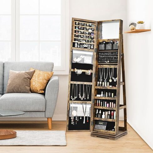Loko 360 ° Armoire الدوارة ، خزانة مجوهرات قائما بذاتها مع مرآة مكياج داخلية ، منظم مجوهرات قابلة للقفل 2 في 1 مع مرآة كاملة الطول للنساء (رمادي) in Kuwait
