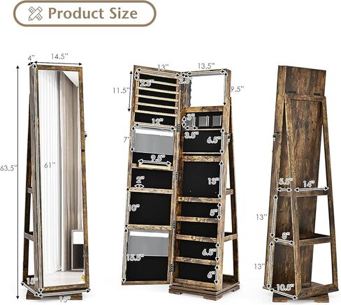 Loko 360 ° Armoire الدوارة ، خزانة مجوهرات قائما بذاتها مع مرآة مكياج داخلية ، منظم مجوهرات قابلة للقفل 2 في 1 مع مرآة كاملة الطول للنساء (رمادي) in Kuwait
